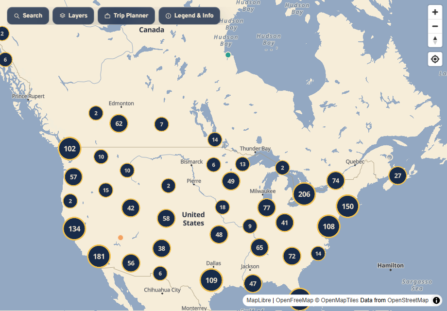 The Hungry Highway map with restaurant pins across North America
